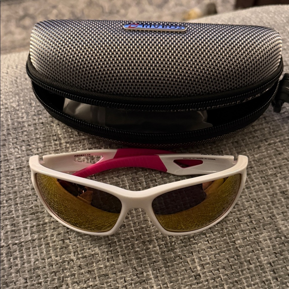 White and Pink Mirrored Riding Sunglasses with Case